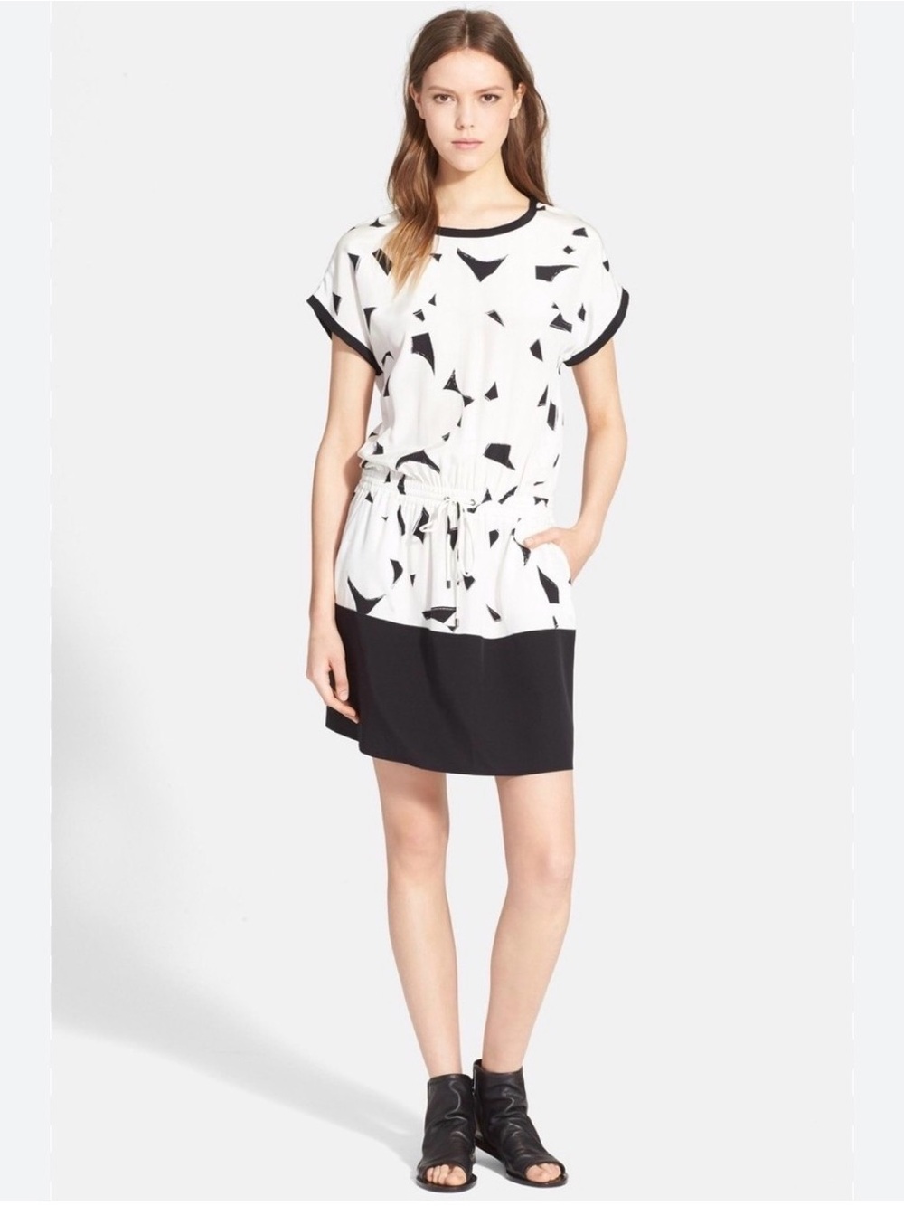 Vince 100% Silk Abstract Print Drawstring Waist Shift Dress XXS